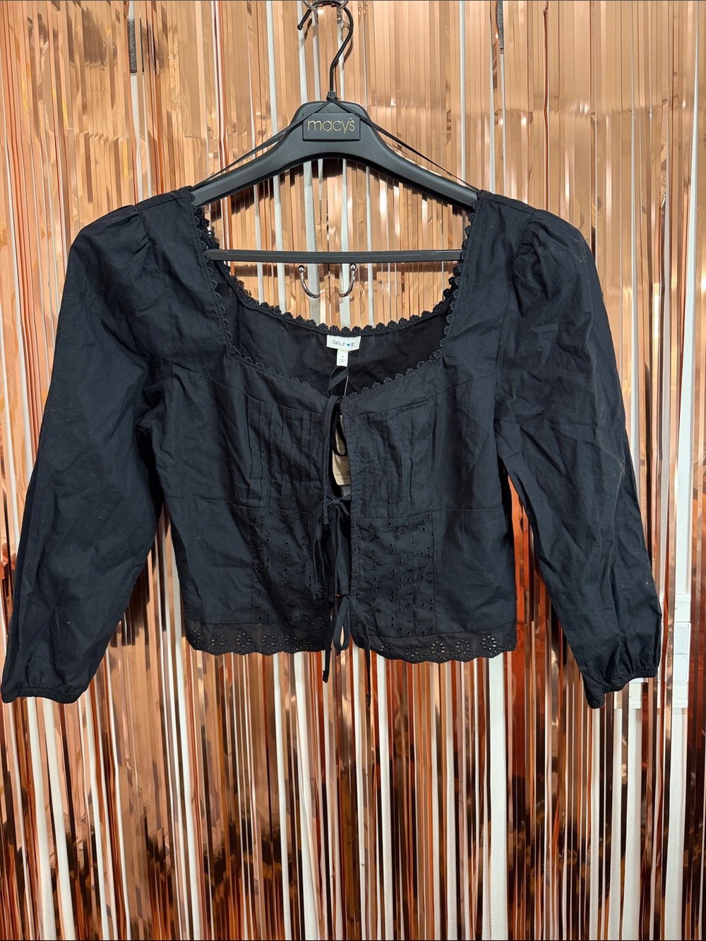 Tie-Front Black Eyelet Square-Neck Blouse NEW L